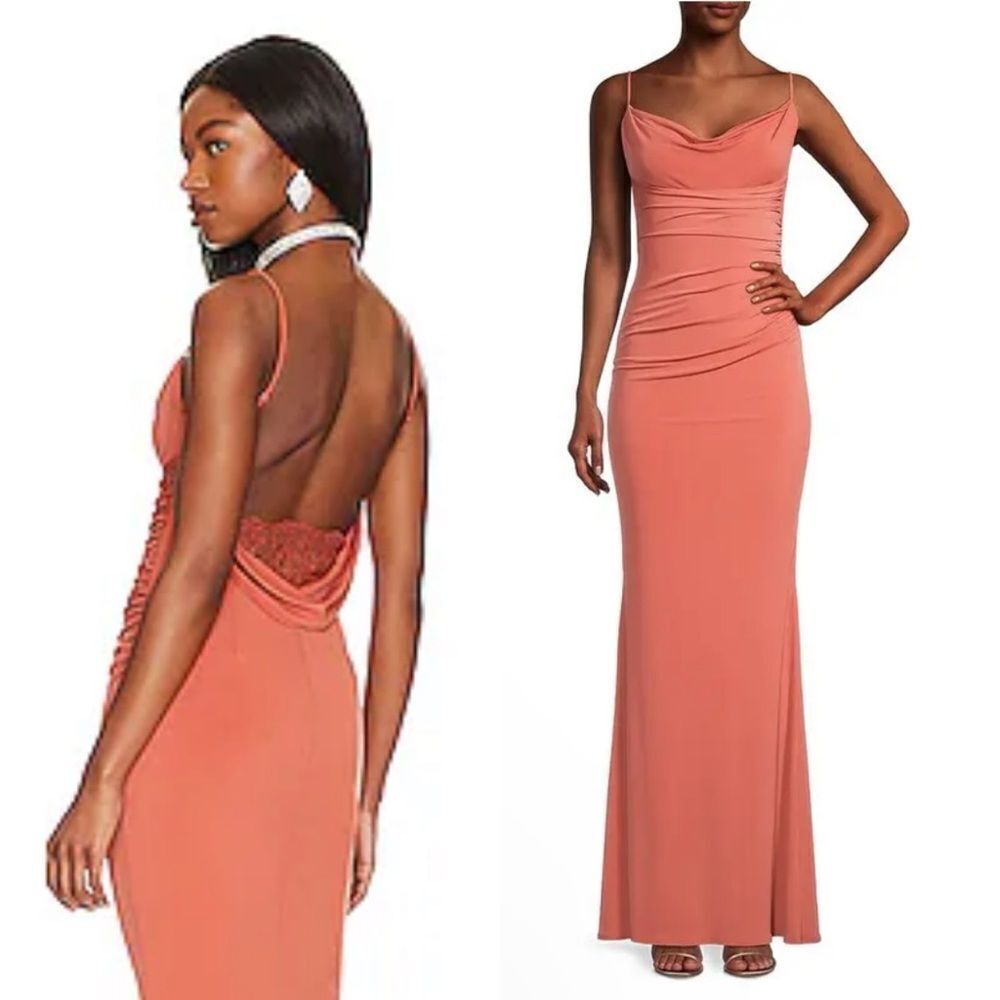 Katie May Surreal Gown Rust maxi dress drape back slip wedding guest Revolve M